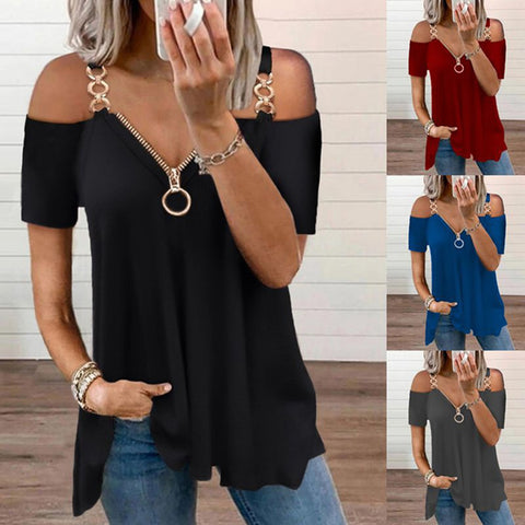 Metal Loop Strap Zippered Off Shoulder Top