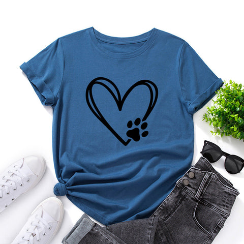 Women's Loose Round Neck Short Sleeve T-shirt With Heart-shaped Paw Print