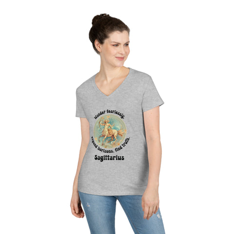 Ladies' V-Neck T-Shirt - Sagittarius - Wander fearlessly, expand horizons, find truth