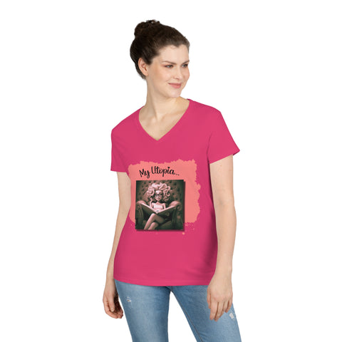 Ladies' V-Neck T-Shirt - Reading - Happy Vibes