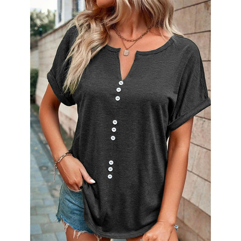 Button Front V-neck Short Sleeve Top