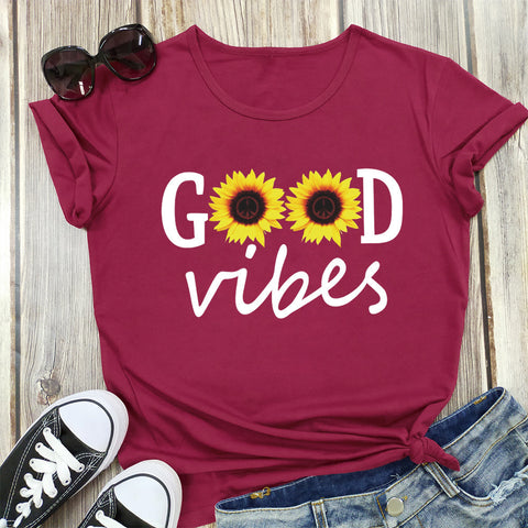 Good Vibes Sunflower Print Short Sleeve T-Shirt Top