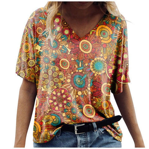 Multi Pattern V-Neck Short Sleeve Top