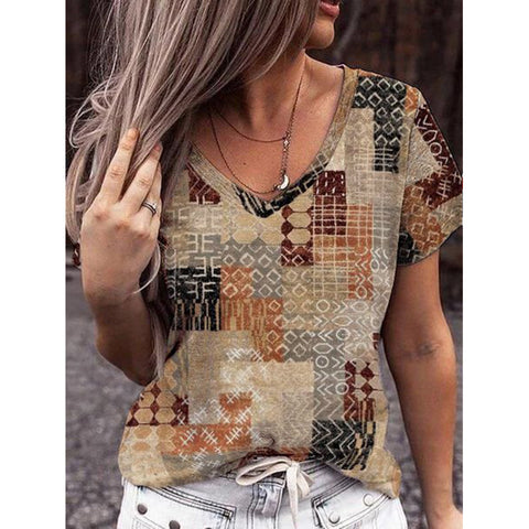 Geometric Print V-Neck Short Sleeve Top