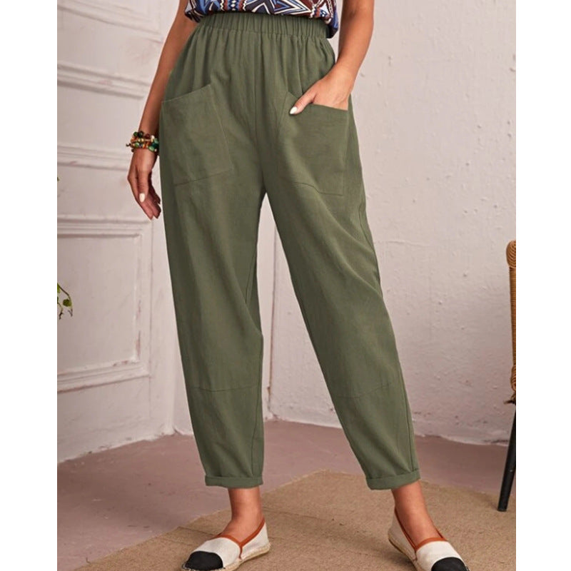 Women's Cotton Linen Elastic-waist Casual Pants