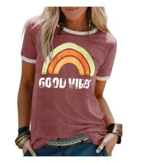 Fashion Rainbow Good Vibes Crew Neck Short Sleeve Top