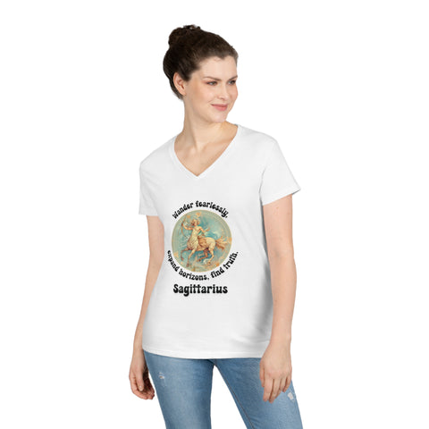 Ladies' V-Neck T-Shirt - Sagittarius - Wander fearlessly, expand horizons, find truth