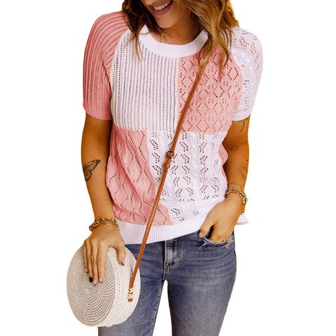 Color-blocking Knitted Sweater Short-sleeved Top