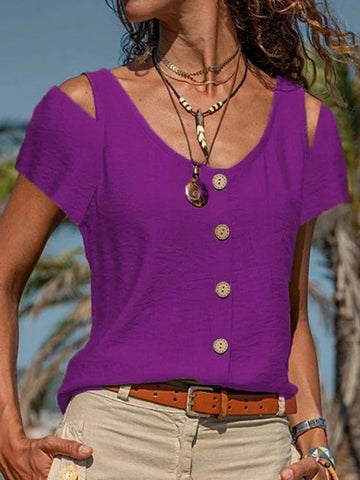 Peek a Boo Shoulder Solid Color V-neck Button Top