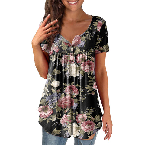 Printed Ruffled Tunic Pullover Short Sleeve