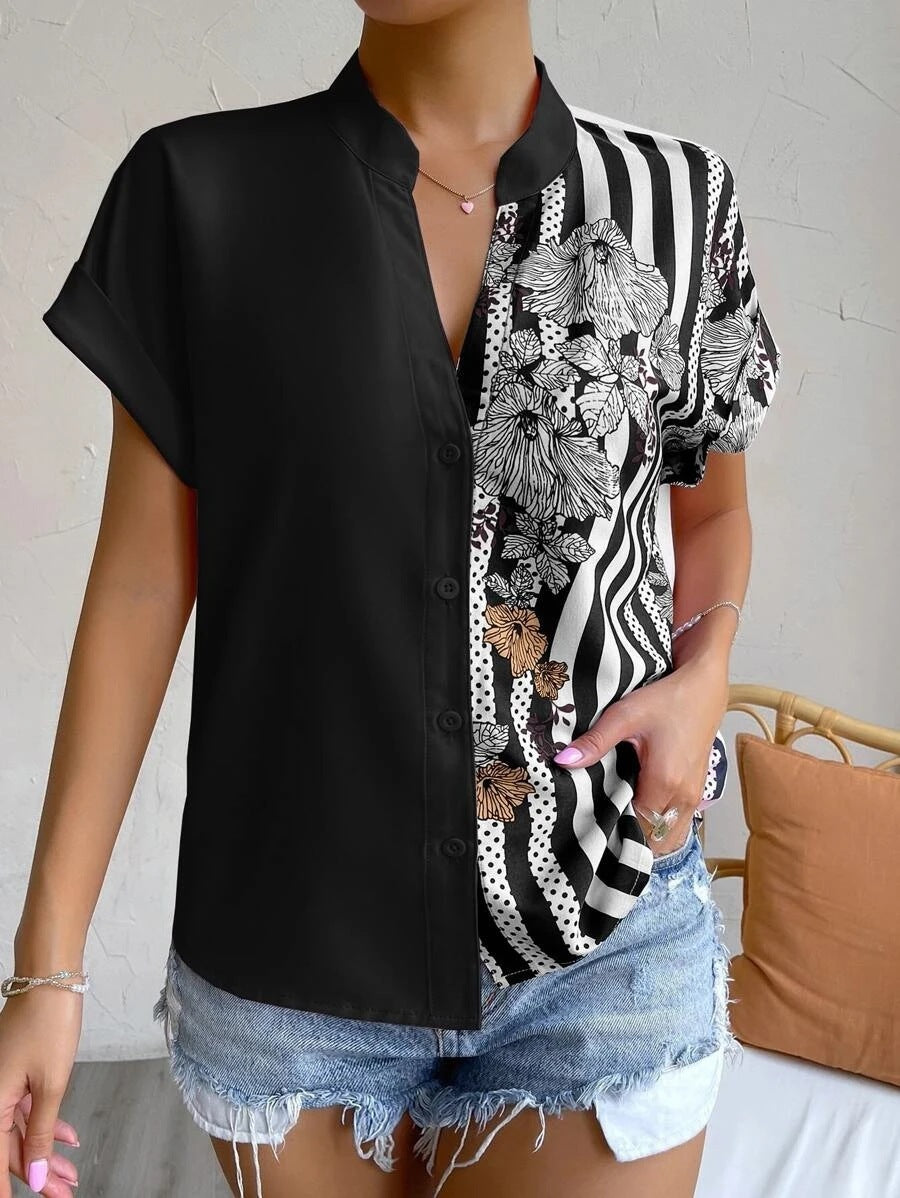 Double Contrast Color Floral Button Short Sleeve Shirt