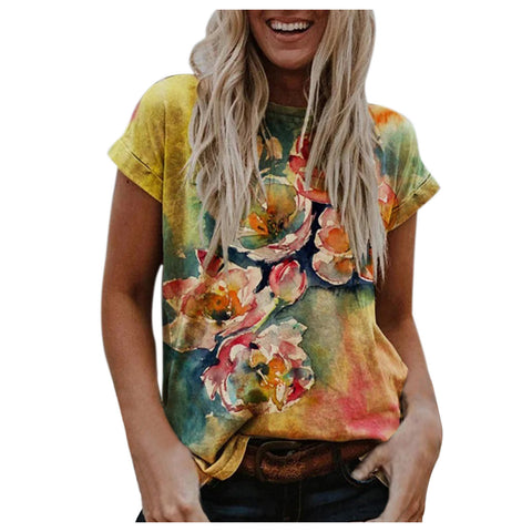 Multi Color Loose Fit Short-sleeved Women's Top