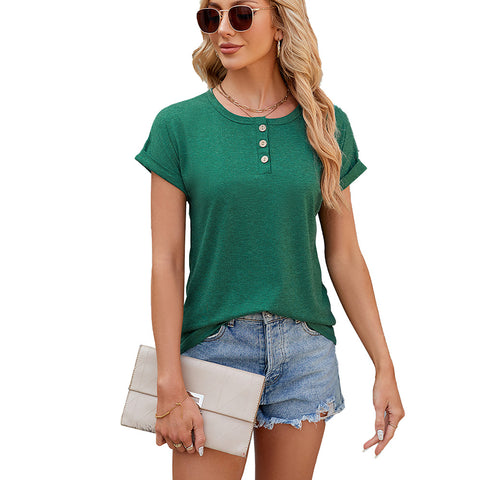 Women's Summer Solid Color Round Neck Button Loose Top