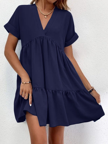 Short-sleeved V-neck Dress Summer Casual Sweet Ruffled Dress