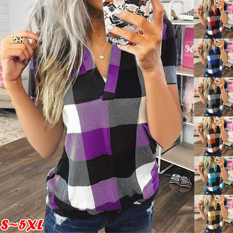 Plaid Printed V-Neck Short-Sleeved Top