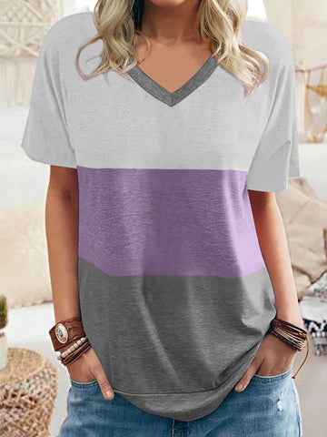 Women's Color Matching V-neck Casual Loose Short Sleeve