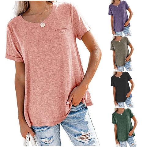 Multi Color Round Neck Front Pocket Short Sleeve Top