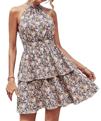 Summer Print Halter,Backless Ruffled A-Line Beach Dress