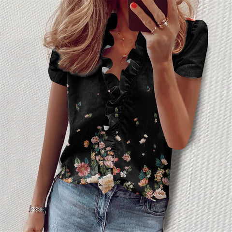 Summer Ruffles Short Sleeve Slim Flower Print