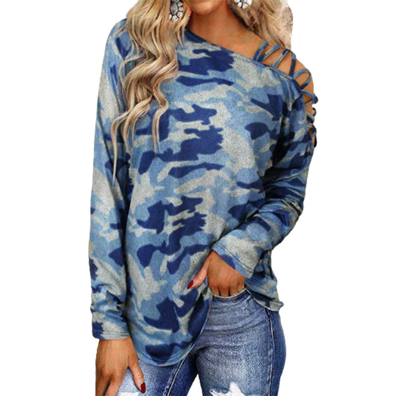 Camouflage Printed Shoulder Strap Cross-neck Long-sleeved Top