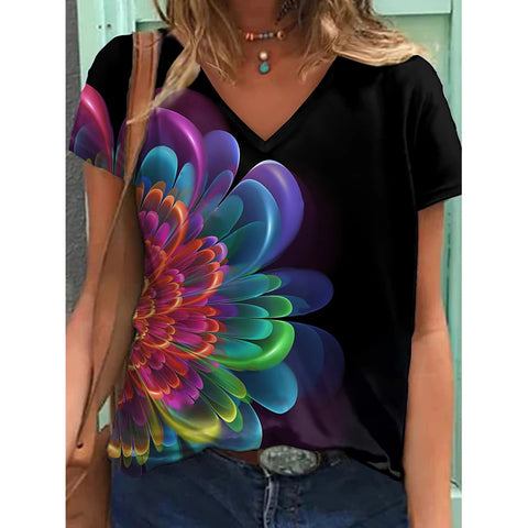 Abstract Retro Print Short-Sleeved Loose V-Neck Top