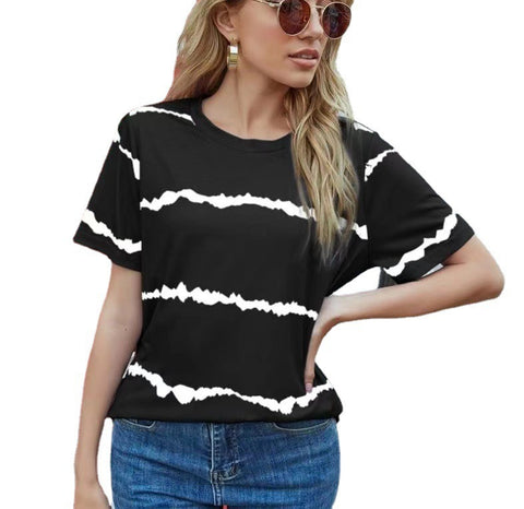 Casual Fashion Striped Print Short Sleeve T-Shirt Ladies Top