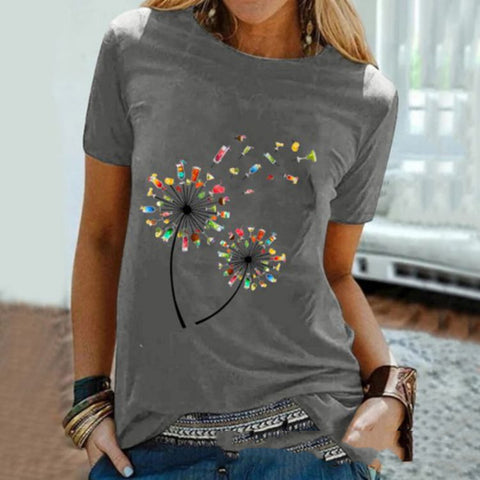 Wine Glass Dandelion Print Round Neck Short Sleeve Top