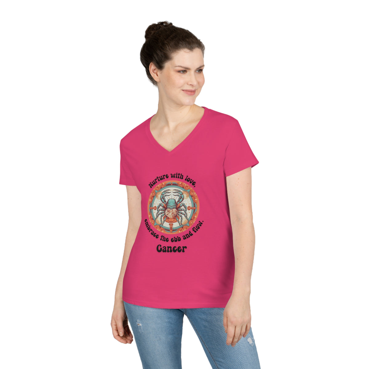 Ladies' V-Neck T-Shirt - Cancer - Nurture with love, embrace the ebb and flow