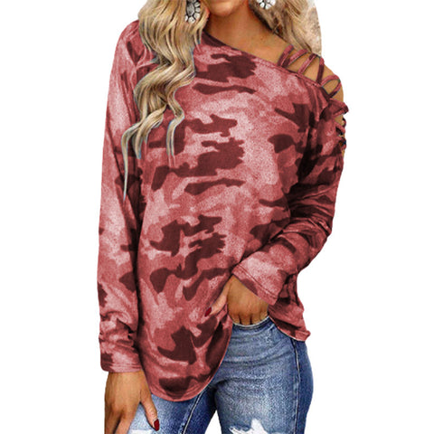 Camouflage Printed Shoulder Strap Cross-neck Long-sleeved Top