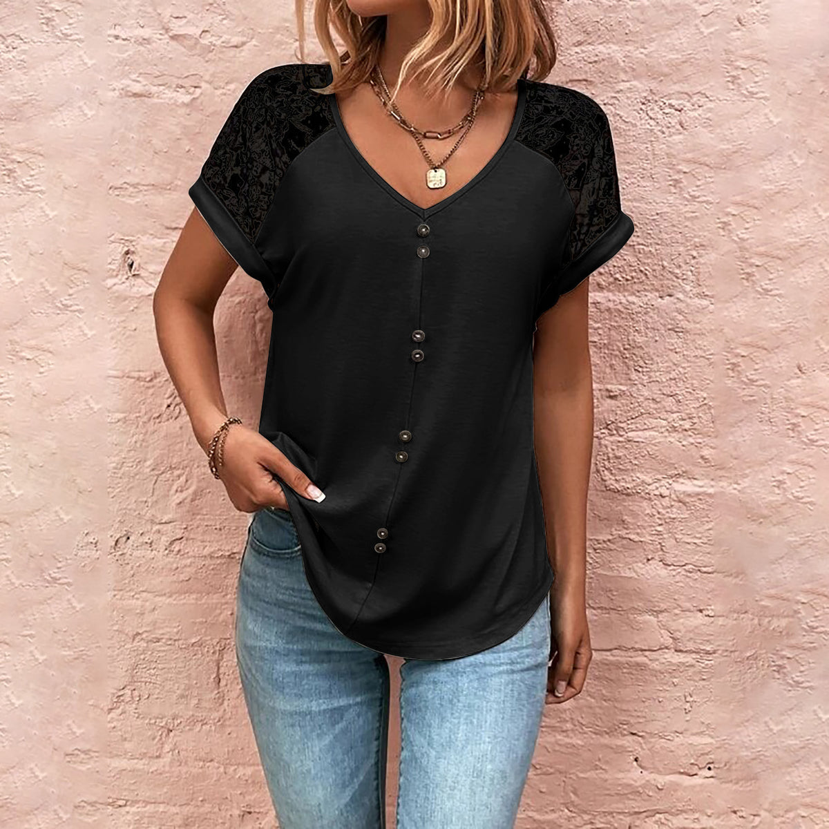 Women's Lace Stitching V-neck Top