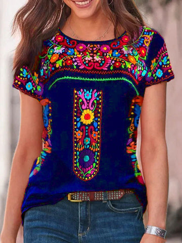 Women's Bohemian Print Round Neck Short Sleeve Top