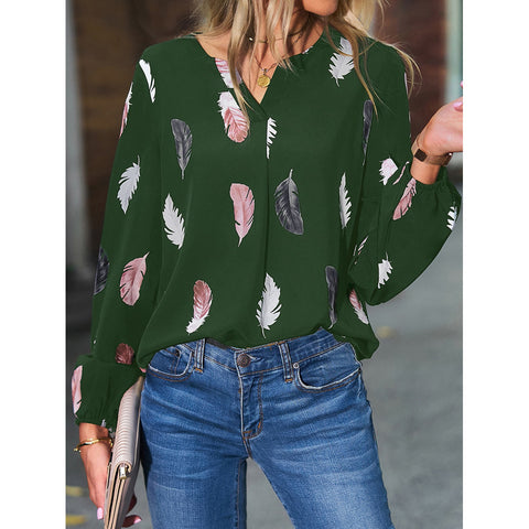 Women's Leaf Pattern Long-Sleeve Top