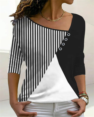 V Neck Striped Contrast Print Loose Top