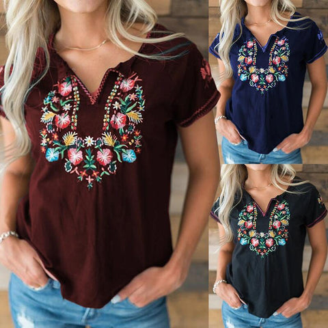 Vintage Retro Embroidered Short Sleeve Top