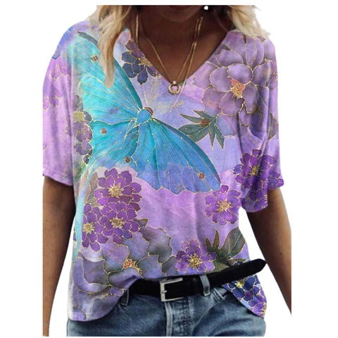 Butterfly Print Short Sleeve V-neck Ladies Top