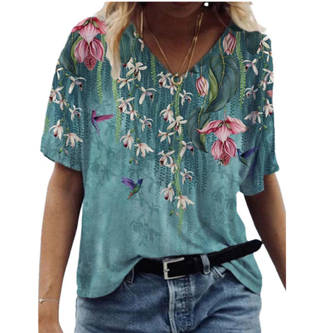 Butterfly Print Short Sleeve V-neck Ladies Top