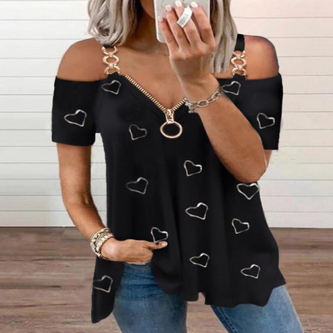 Heart Patterned Metal Loop Strap Zippered Off Shoulder Top