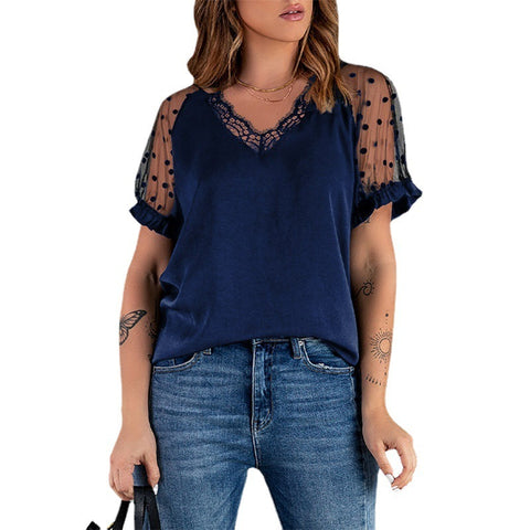 Lace Short Sleeved Solid Color V-neck Top