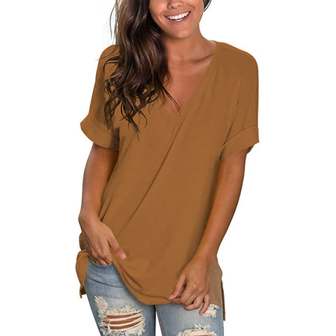 Women's Solid Color V Neck Short-Sleeved T-Shirt Top