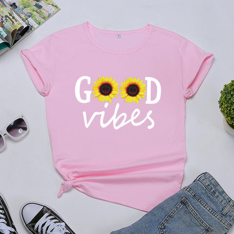 Good Vibes Sunflower Print Short Sleeve T-Shirt Top