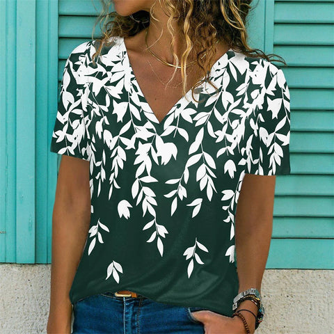 Printed Short Sleeved V-neck Loose Fitting Women's Top