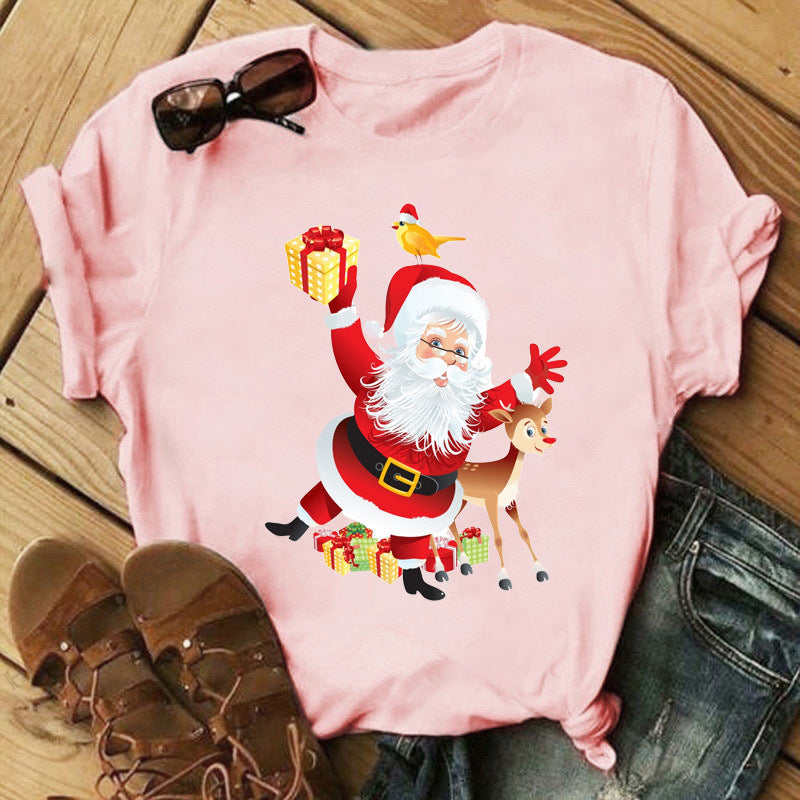 Christmas Print Ladies Short Sleeve Top