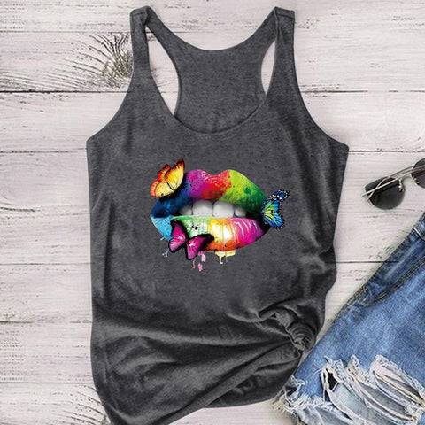 Multicolored Lips and Butterflies Printed Tank Top