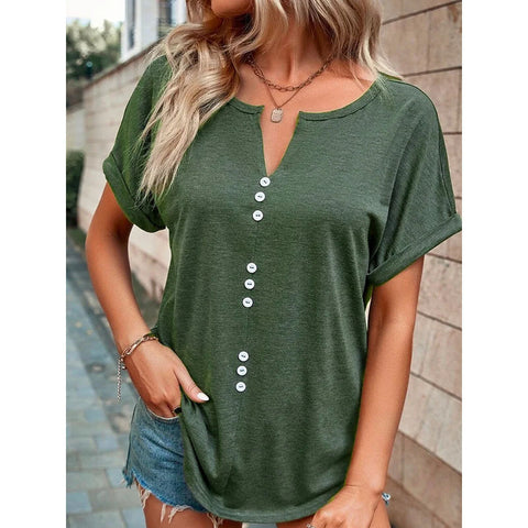 Button Front V-neck Short Sleeve Top