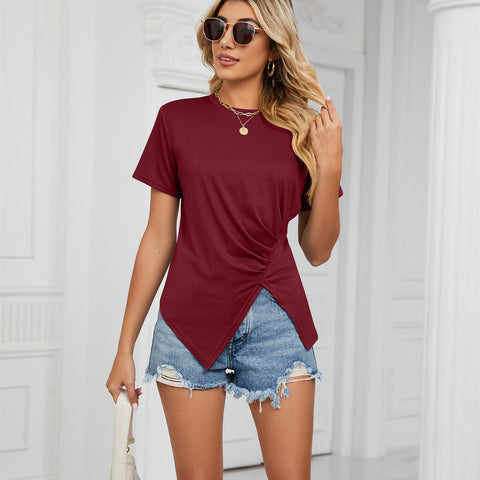 Solid Color Round Neck Pleated Ladies Top