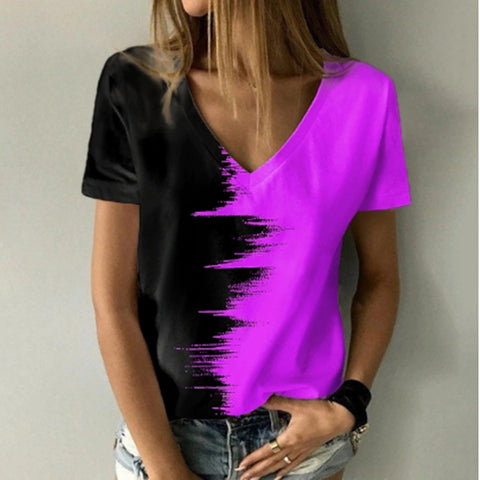 Two Color Print V-Neck Short Sleeve T-Shirt Top