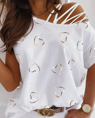 Love Print Off Shoulder Women's Short Sleeve Top