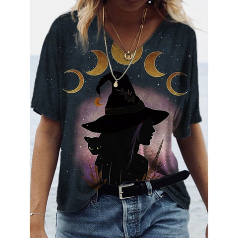 Multi Print Witch, Cat, Halloween, Beth Dutton Short Sleeve Top