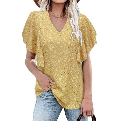 Floral V Neck Casual Short Sleeve Top