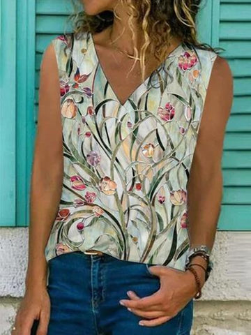 Printed V-neck Sleeveless Tank